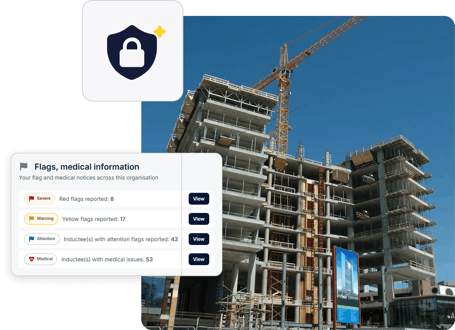 Security shield and flag summary card over a photo of a tower crane